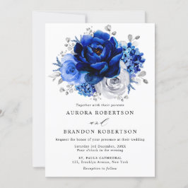 Royal Blue White Silver Metallic Floral Wedding Einladung