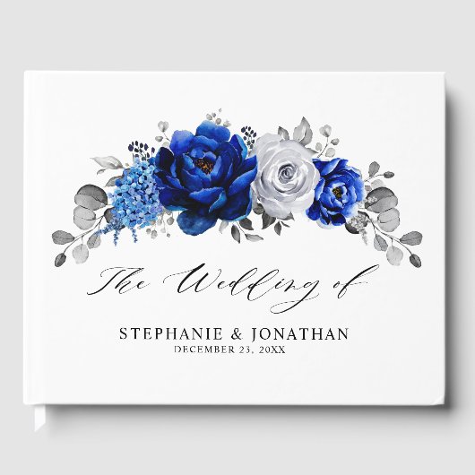 Royal Blue White Silver Metallic Floral Wedding Gästebuch (Vorderseite)