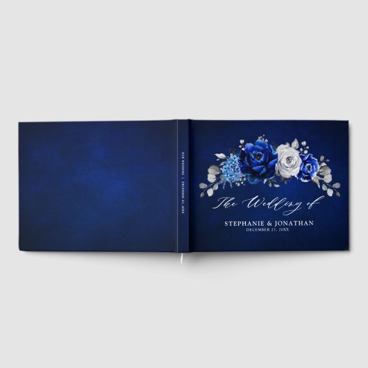 Royal Blue White Silver Metallic Floral Wedding Gu Gästebuch (Voll)