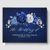 Royal Blue White Silver Metallic Floral Wedding Gu Gästebuch (Vorderseite)