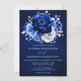 Royal Blue White Silver Metallic Floral Wedding in Einladung