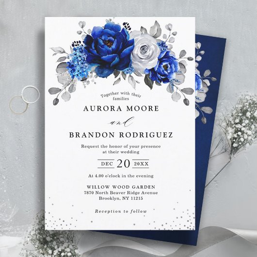 Royal Blue White Silver Metallic Floral Wedding in Einladung