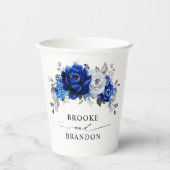 Royal Blue White Silver Metallic Floral Wedding Pappbecher (Vorderseite)