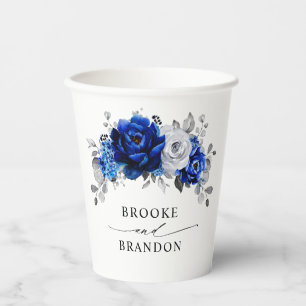 Royal Blue White Silver Metallic Floral Wedding Pappbecher