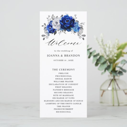 Royal Blue White Silver Metallic Floral Wedding Programm (Stehend Vorderseite)