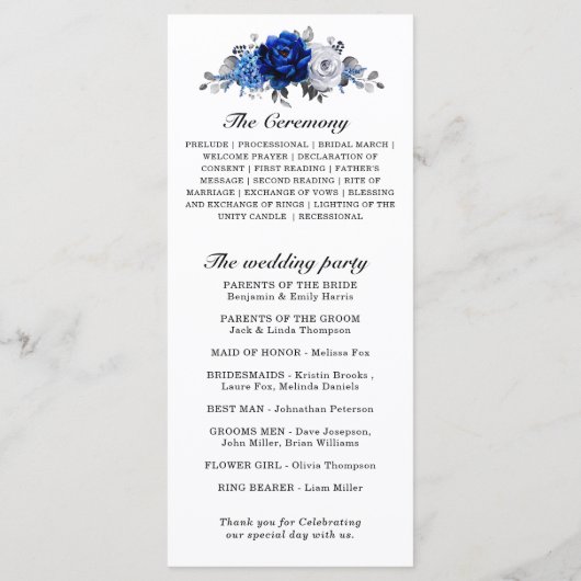 Royal Blue White Silver Metallic Floral Wedding Programm (Rückseite)