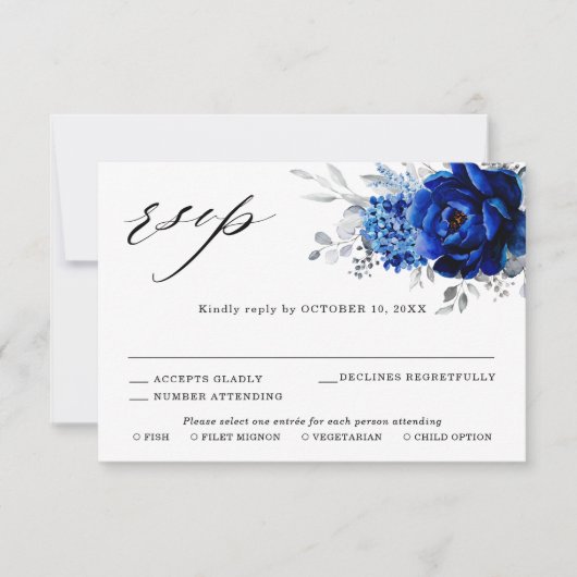 Royal Blue White Silver Metallic Floral Wedding RSVP Karte (Vorderseite)