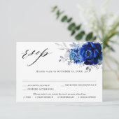 Royal Blue White Silver Metallic Floral Wedding RSVP Karte (Stehend Vorderseite)