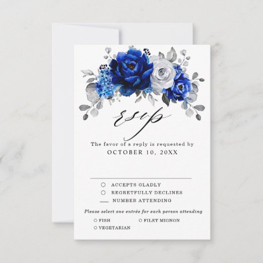 Royal Blue White Silver Metallic Floral Wedding RSVP Karte (Vorderseite)