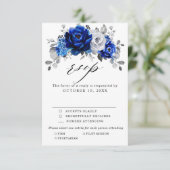 Royal Blue White Silver Metallic Floral Wedding RSVP Karte (Stehend Vorderseite)