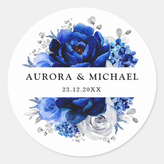 Royal Blue White Silver Metallic Floral Wedding Runder Aufkleber (Vorderseite)