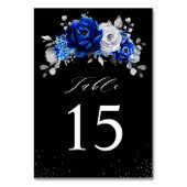 Royal Blue White Silver Metallic Floral Wedding Ta Tischnummer (Rückseite)