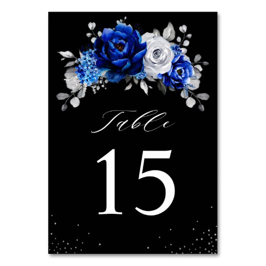 Royal Blue White Silver Metallic Floral Wedding Ta Tischnummer (Vorderseite)