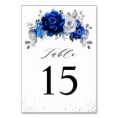 Royal Blue White Silver Metallic Floral Wedding Ta Tischnummer (Rückseite)