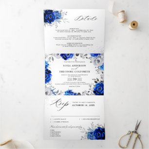 Royal Blue White Silver Metallic Floral Wedding Tr Dreifach Gefaltete Ankündigung