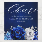 Royal Blue White Silver Metallic Floral Wedding Wi Weinetikett (Einzelnes Label)