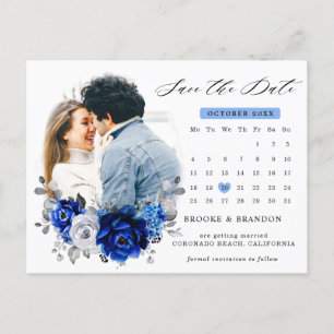Royal Blue White Silver Metallic Save the Date Postkarte