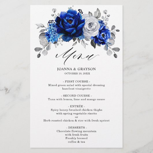 Royal Blue White Silver Metallic Wedding Menu (Vorderseite)