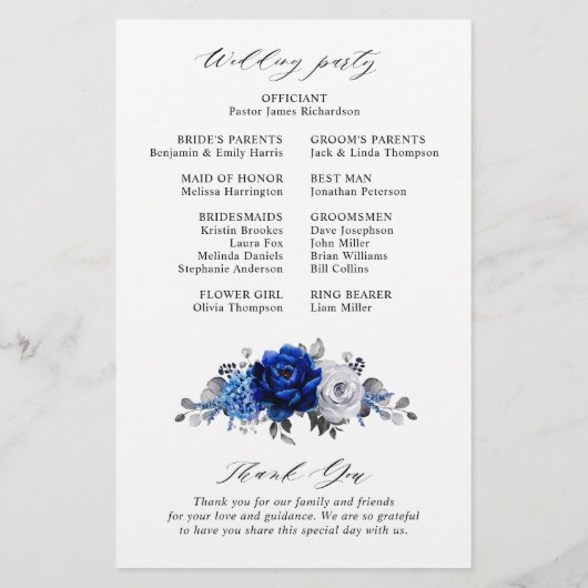 Royal Blue White Silver Metallic Wedding Program (Rückseite)