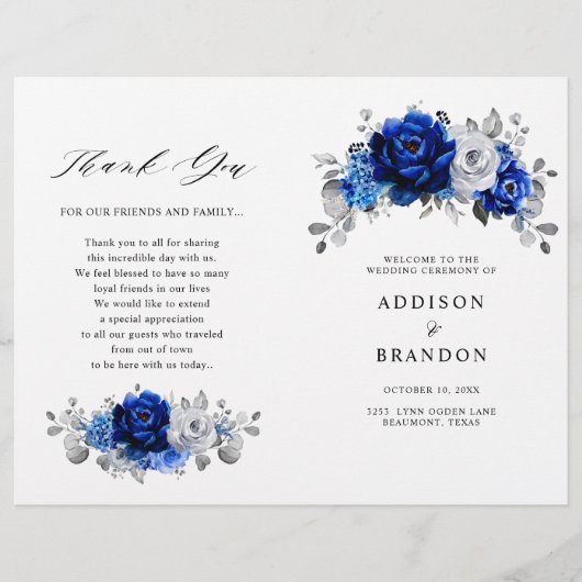 Royal Blue White Silver Metallic Wedding Program (Vorderseite)
