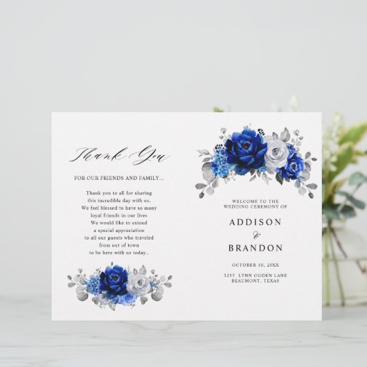 Royal Blue White Silver Metallic Wedding Program (Stehend Vorderseite)