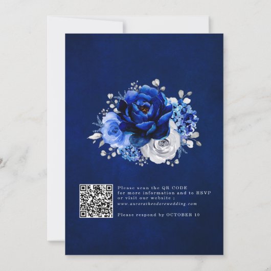 Royal Blue White Silver QR Code Floral Wedding Einladung (Rückseite)