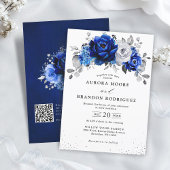 Royal Blue White Silver QR Code Floral Wedding Einladung