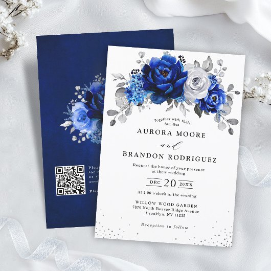 Royal Blue White Silver QR Code Floral Wedding Einladung