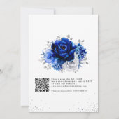 Royal Blue White Silver QR Code Floral Wedding Einladung (Rückseite)