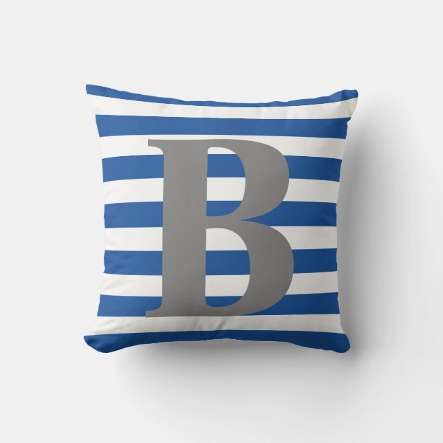 Royal Blue White Stripes Monogramm Initial Square Kissen (Vorderseite)
