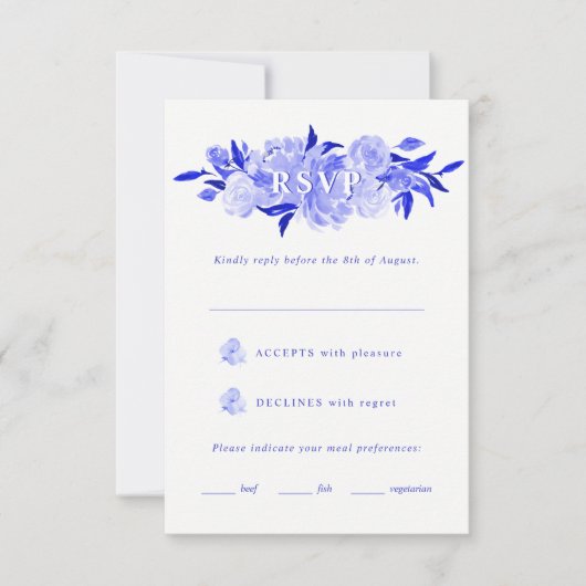 Royal Blue & White Watercolor Floral Mitzvah UAWG RSVP Karte (Vorderseite)
