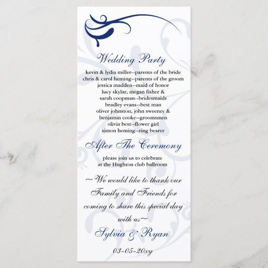 Royal Blue/White Wedding Programm Rack Card (Rückseite)
