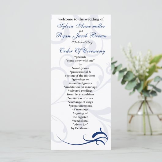 Royal Blue/White Wedding Programm Rack Card (Stehend Vorderseite)