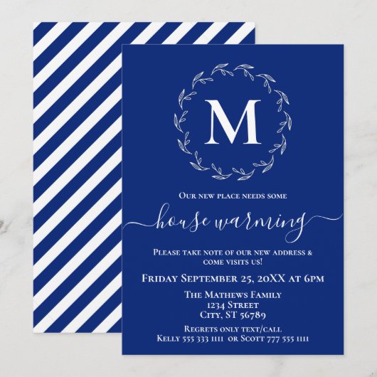 Royal Blue White Wreath Monogram House Erwärmung Ankündigung (Vorne/Hinten)