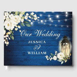 Royal Blue Wood White Roses Floral Rustic Wedding Gästebuch