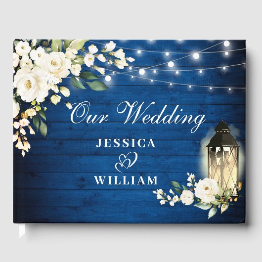 Royal Blue Wood White Roses Floral Rustic Wedding Gästebuch (Vorderseite)