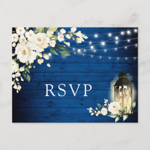 Royal Blue Wood White Roses Rustic Wedding RSVP Postkarte