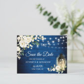 Royal Blue Wood White Roses Wedding Save the Date Postkarte (Stehend Vorderseite)