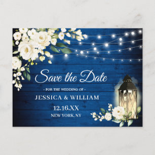 Royal Blue Wood White Roses Wedding Save the Date Postkarte