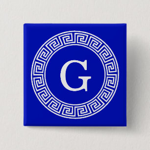Royal Blue Wt Griechischer Schlüsselrahmen Initial Button