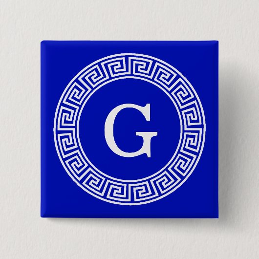 Royal Blue Wt Griechischer Schlüsselrahmen Initial Button (Vorderseite)