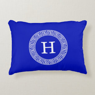 Royal Blue Wt Griechischer Schlüsselrahmen Initial Dekokissen