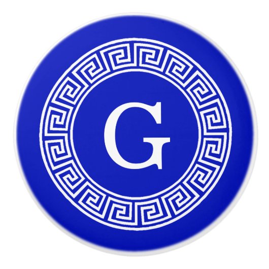 Royal Blue Wt Griechischer Schlüsselrahmen Initial Keramikknauf (Vorderseite)