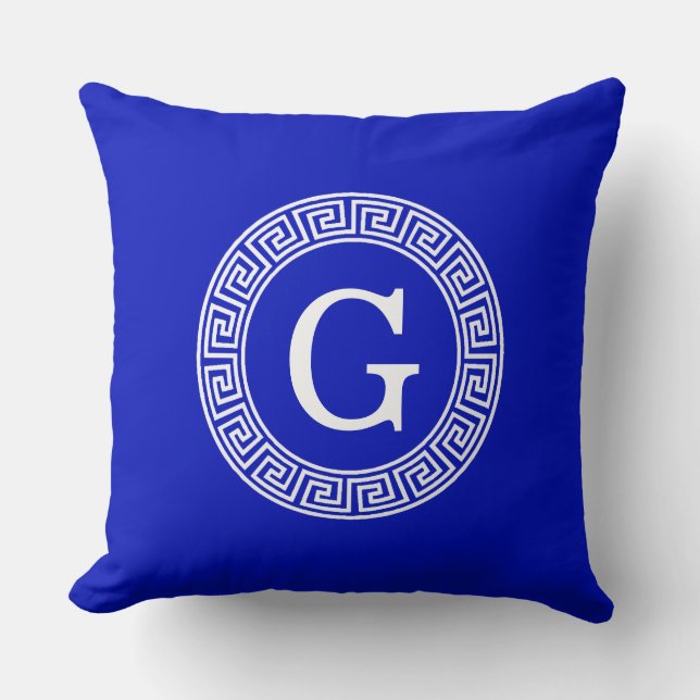 Royal Blue Wt Griechischer Schlüsselrahmen Initial Kissen (Vorderseite)