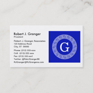 Royal Blue Wt Griechischer Schlüsselrahmen Initial Visitenkarte