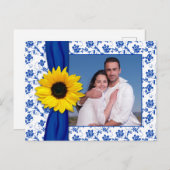Royal Blue Yellow Damask Sonnenblume Save the Date Ankündigungspostkarte (Vorne/Hinten)