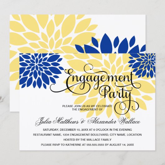 Royal Blue Yellow Floral Burst Engagement Party Einladung (Vorne/Hinten)