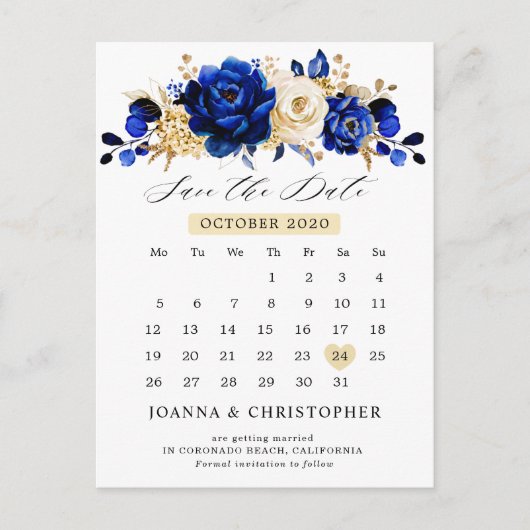 Royal Blue Yellow Gold Calendar Save the Date Postkarte (Vorderseite)