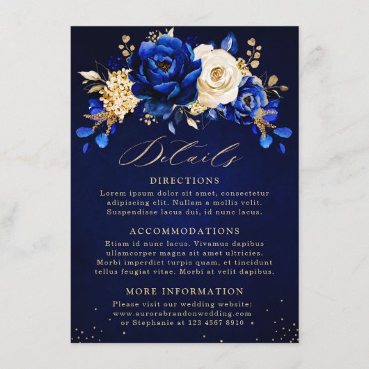 Royal Blue Yellow Gold Floral Wedding Details Encl Begleitkarte (Vorderseite)