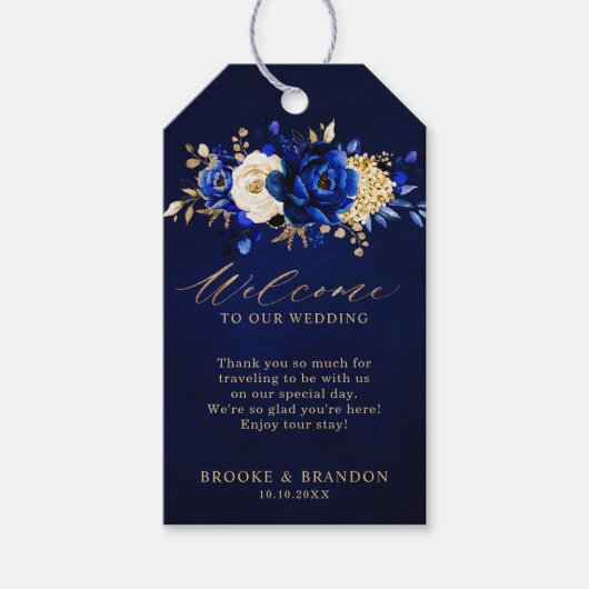 Royal Blue Yellow Gold Floral Wedding Gif Geschenkanhänger (Vorderseite)